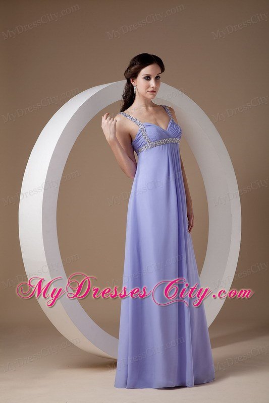 Straps Beaded Ruching Empire Lilac Chiffon Prom Evening Dresses