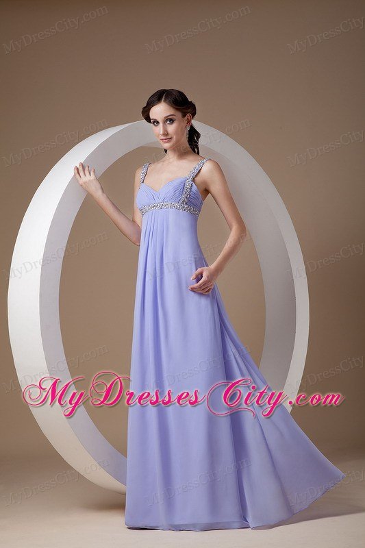 Straps Beaded Ruching Empire Lilac Chiffon Prom Evening Dresses