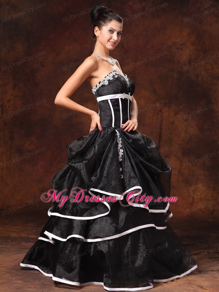 Appliques Strapless Pick Ups Black Prom Gown Dress with White Hem