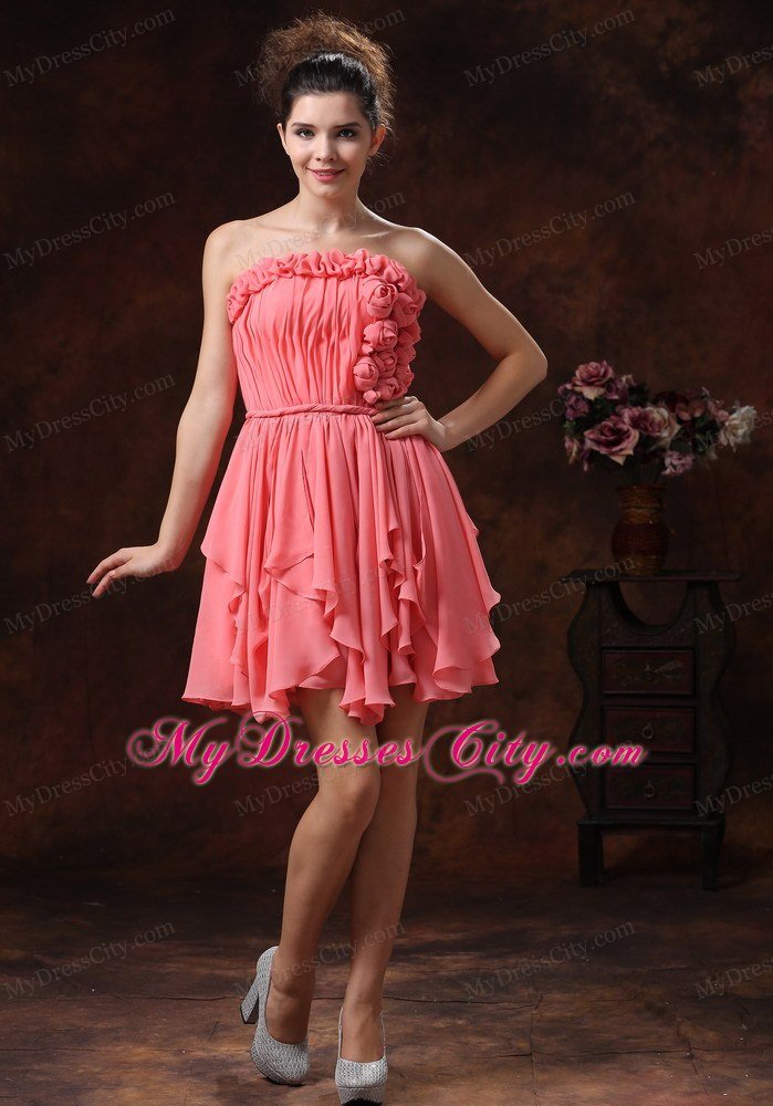 Flowers Ruching Strapless Chiffon Watermelon Short Prom Party Dress