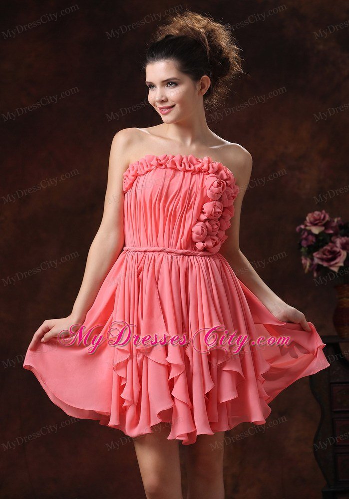 Flowers Ruching Strapless Chiffon Watermelon Short Prom Party Dress