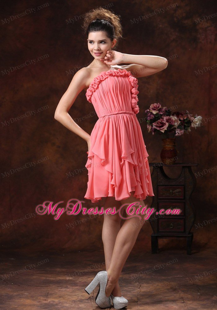 Flowers Ruching Strapless Chiffon Watermelon Short Prom Party Dress