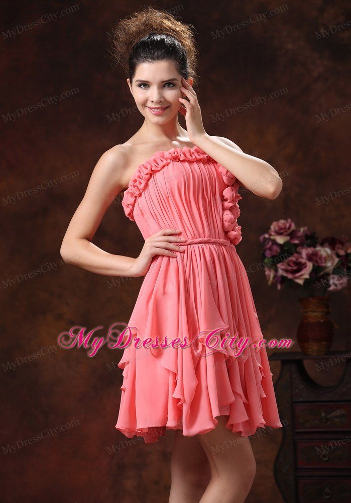 Flowers Ruching Strapless Chiffon Watermelon Short Prom Party Dress