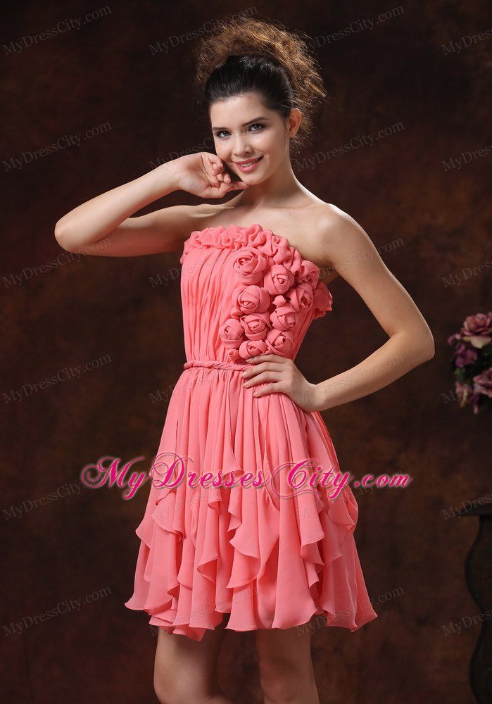 Flowers Ruching Strapless Chiffon Watermelon Short Prom Party Dress