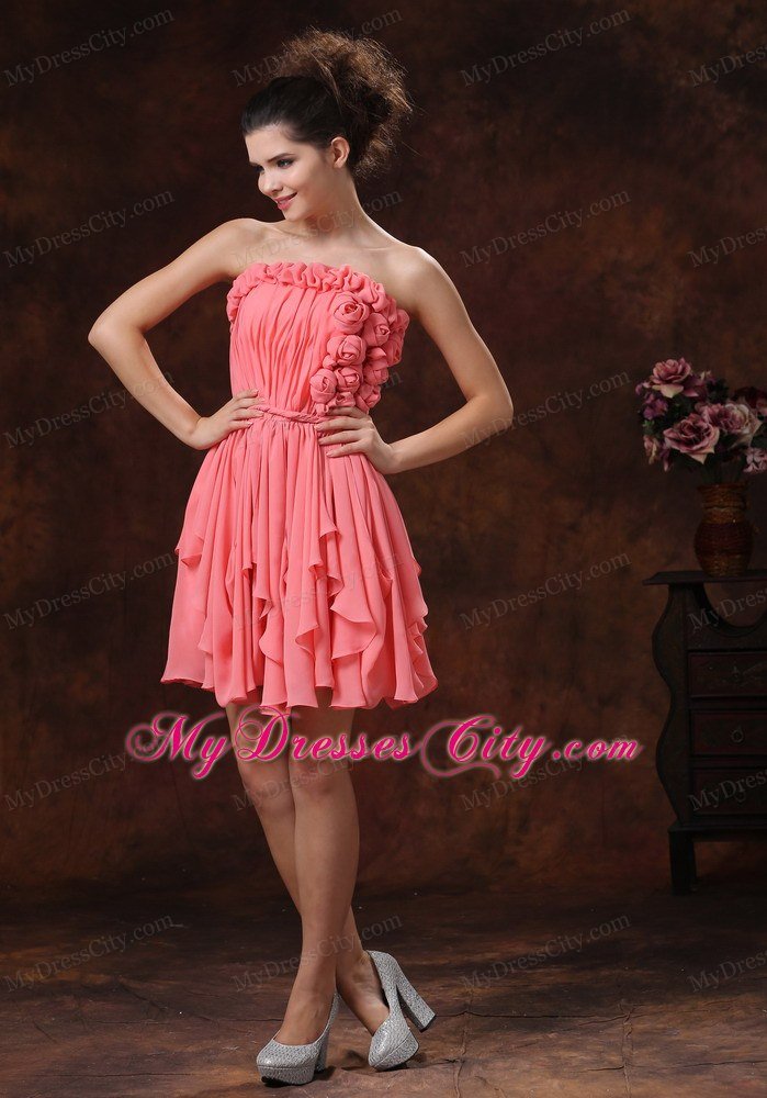 Flowers Ruching Strapless Chiffon Watermelon Short Prom Party Dress