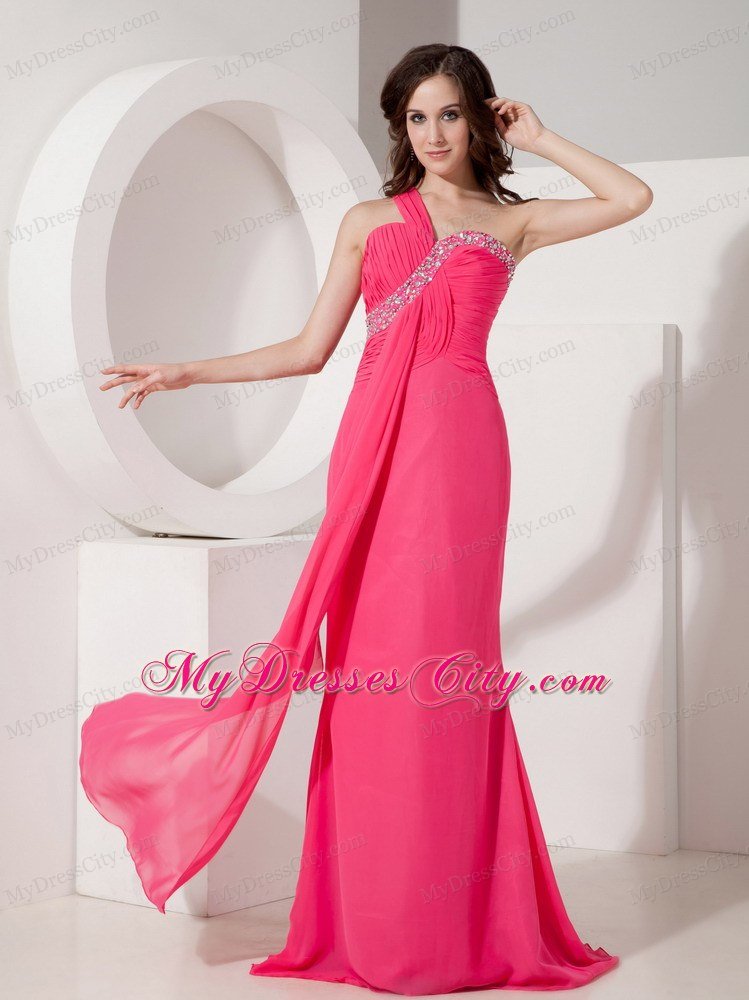 Hot Pink One Shoulder Column Beaded Chiffon Ruching Prom Dresses