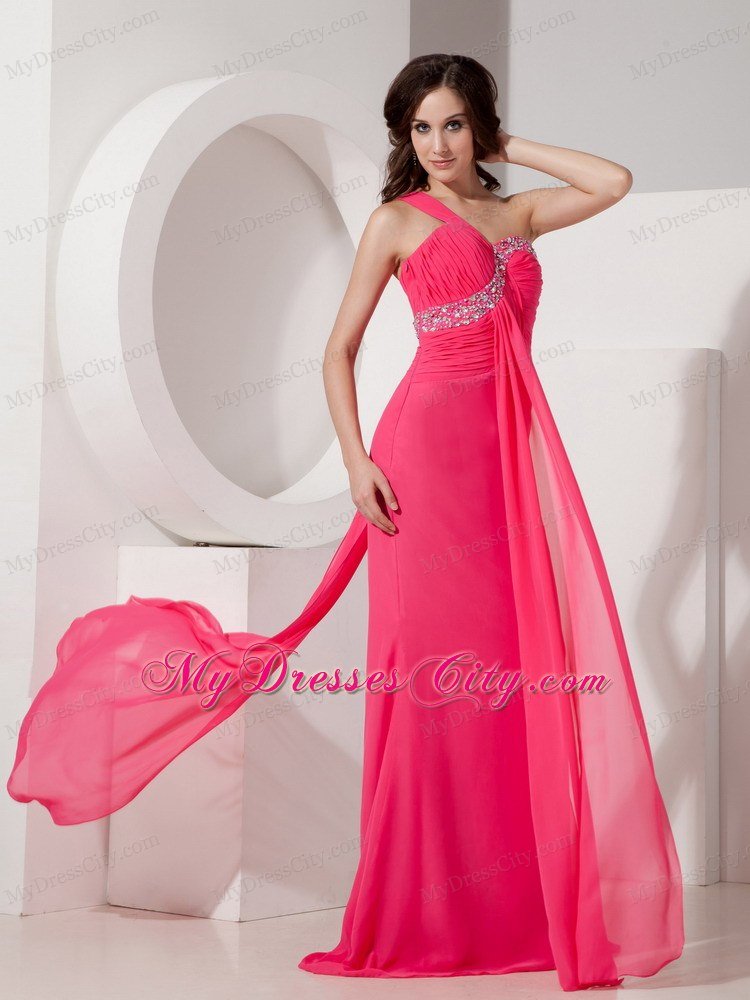 Hot Pink One Shoulder Column Beaded Chiffon Ruching Prom Dresses