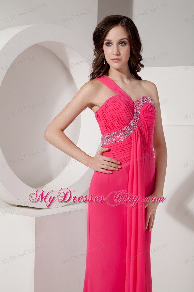 Hot Pink One Shoulder Column Beaded Chiffon Ruching Prom Dresses