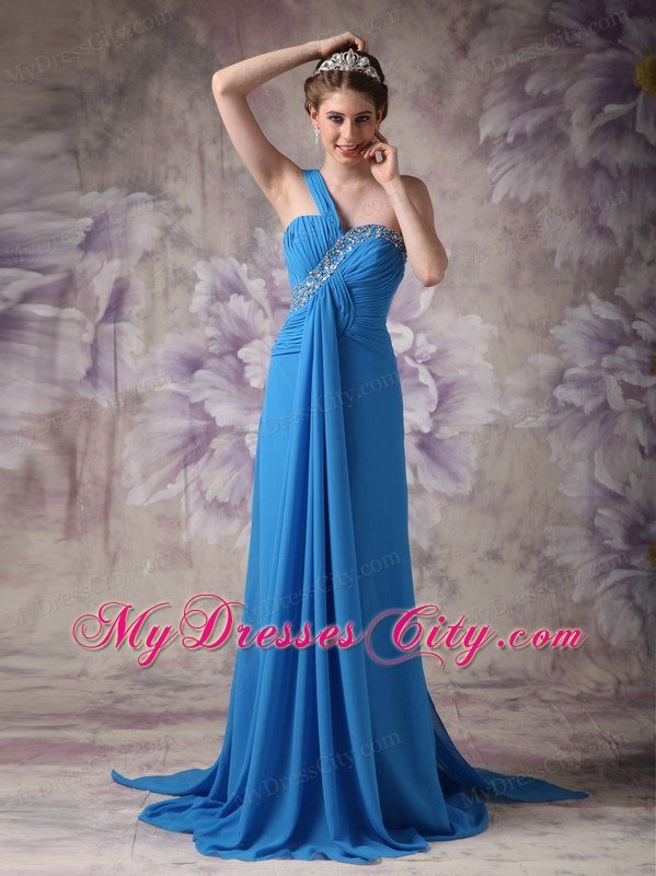 One Shoulder Beaded Ruching Chiffon Blue 2013 Prom Dresses