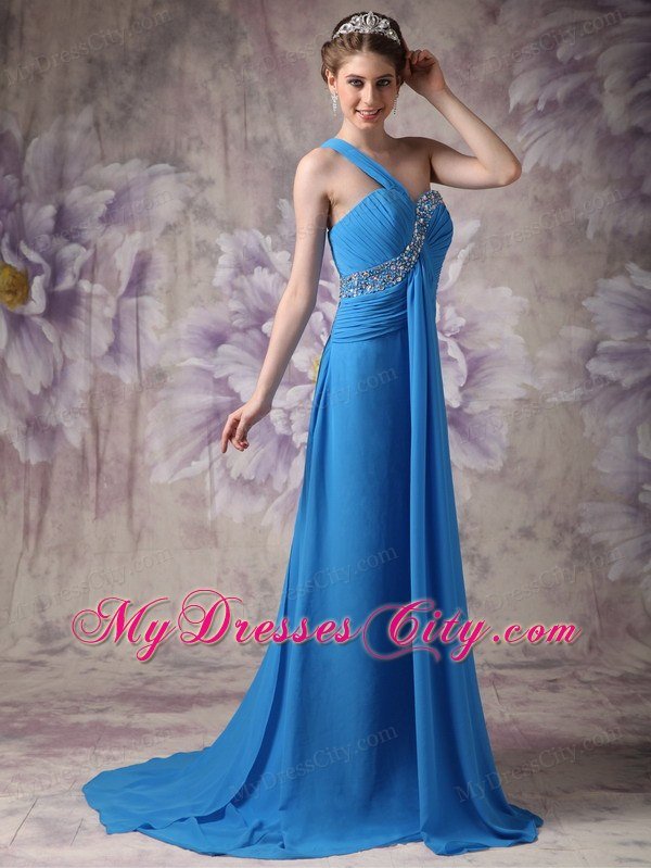 One Shoulder Beaded Ruching Chiffon Blue 2013 Prom Dresses