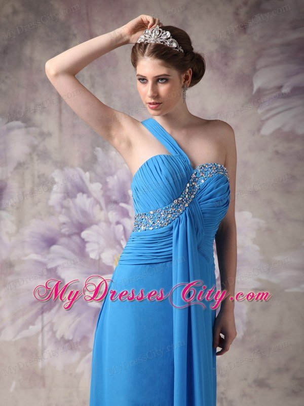 One Shoulder Beaded Ruching Chiffon Blue 2013 Prom Dresses