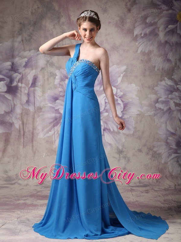 One Shoulder Beaded Ruching Chiffon Blue 2013 Prom Dresses