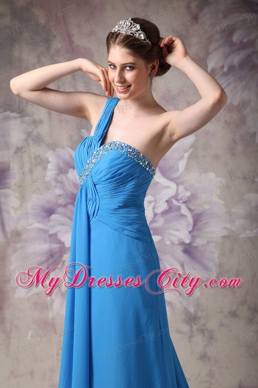 One Shoulder Beaded Ruching Chiffon Blue 2013 Prom Dresses