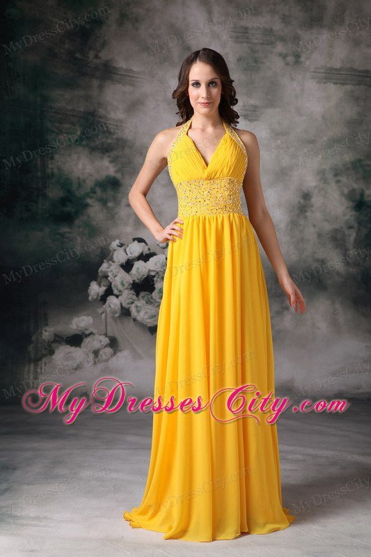 Beaded Halter Top Ruching Empire Chiffon Yellow Prom Dresses