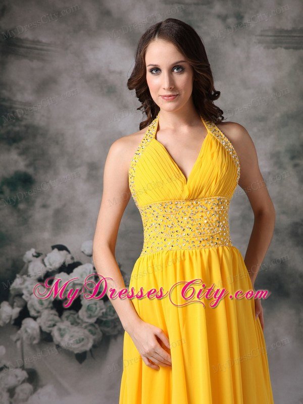 Beaded Halter Top Ruching Empire Chiffon Yellow Prom Dresses