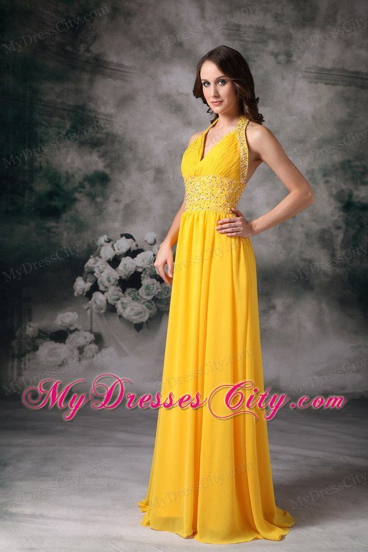 Beaded Halter Top Ruching Empire Chiffon Yellow Prom Dresses