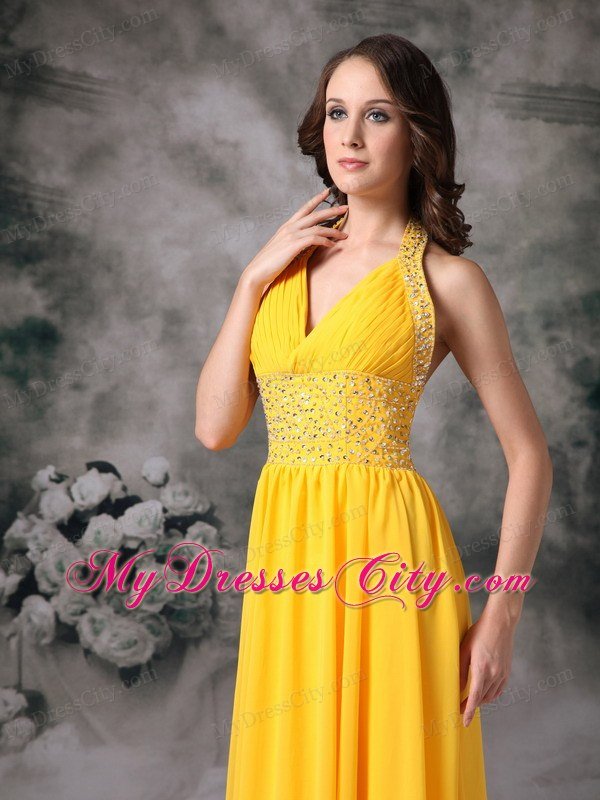 Beaded Halter Top Ruching Empire Chiffon Yellow Prom Dresses