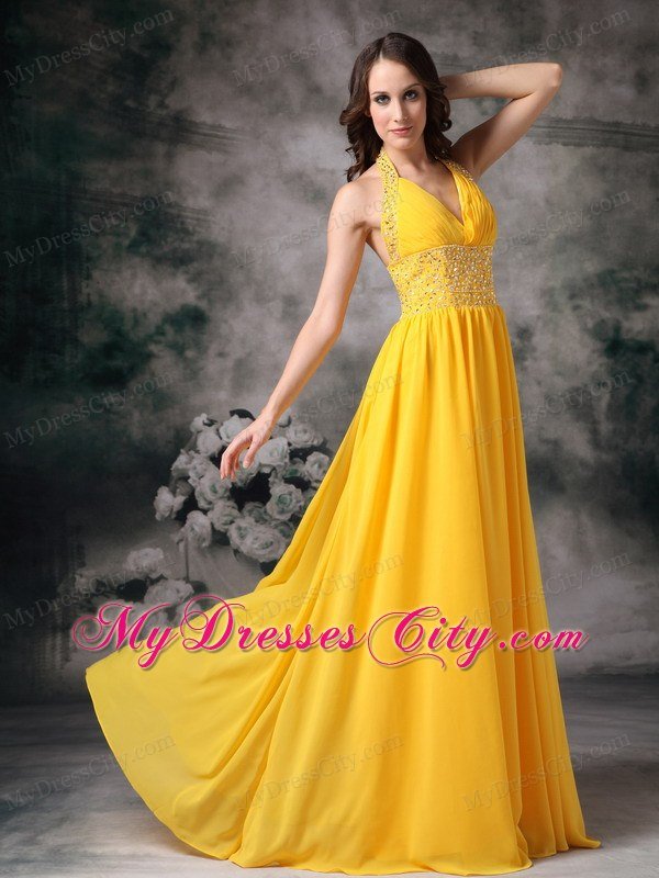 Beaded Halter Top Ruching Empire Chiffon Yellow Prom Dresses