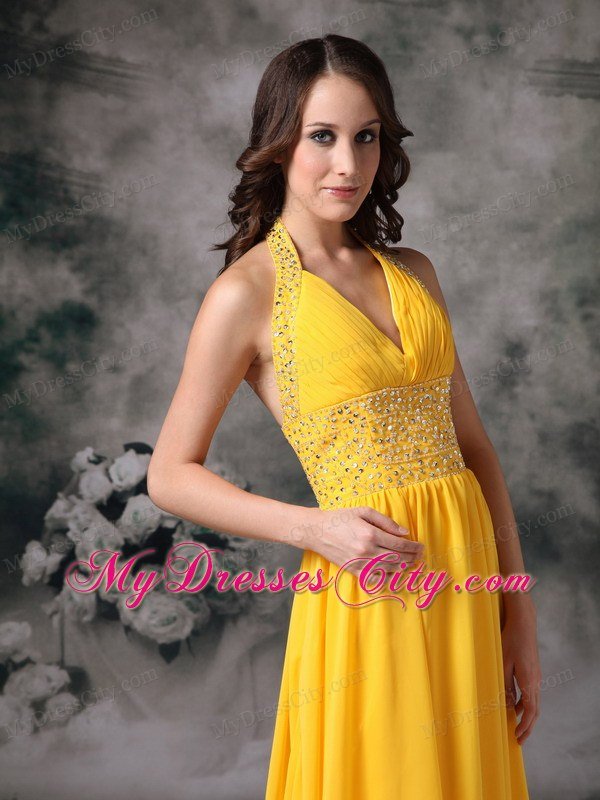 Beaded Halter Top Ruching Empire Chiffon Yellow Prom Dresses