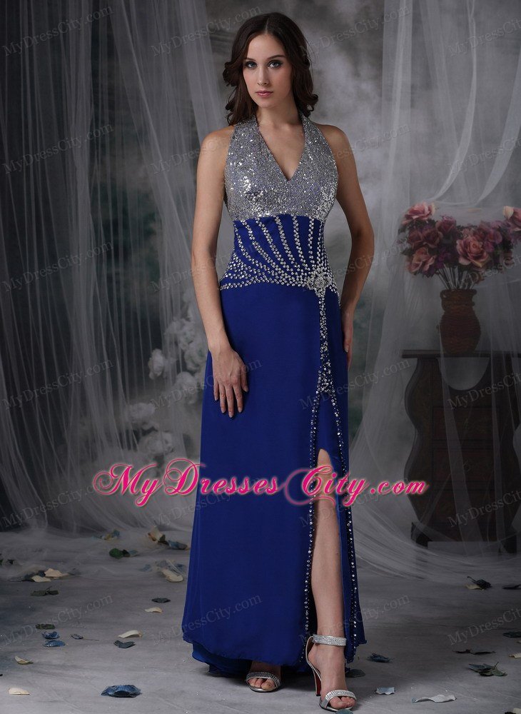 High Slit Halter Beaded Ankle Length Blue Prom Dresses for Ladies