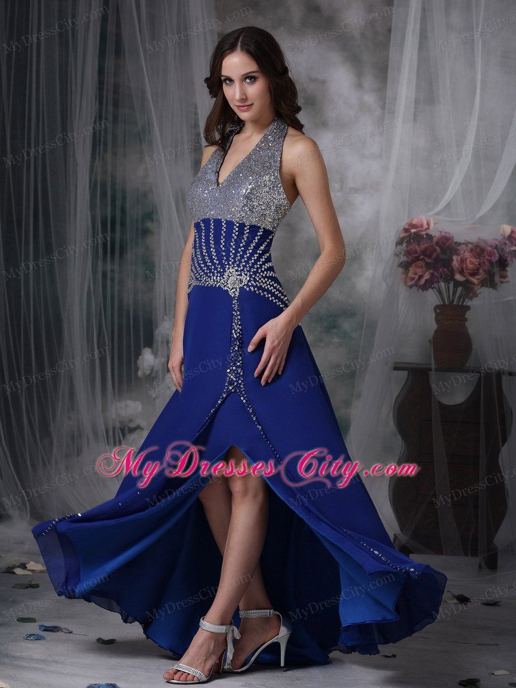 High Slit Halter Beaded Ankle Length Blue Prom Dresses for Ladies