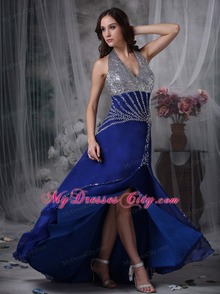 High Slit Halter Beaded Ankle Length Blue Prom Dresses for Ladies