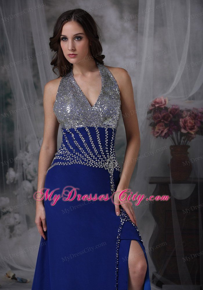 High Slit Halter Beaded Ankle Length Blue Prom Dresses for Ladies