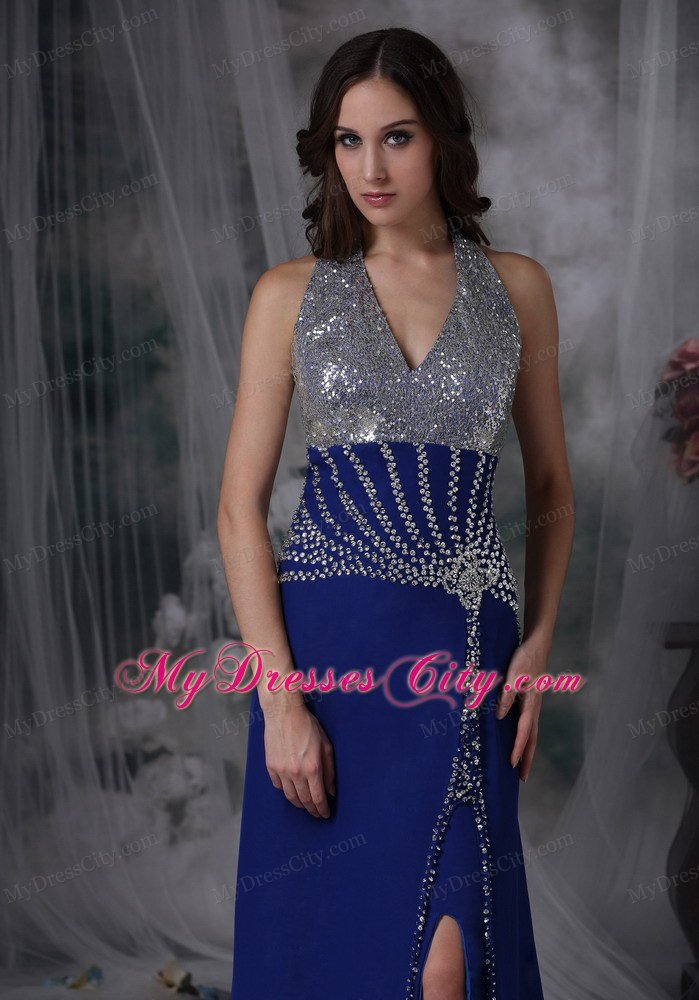 High Slit Halter Beaded Ankle Length Blue Prom Dresses for Ladies