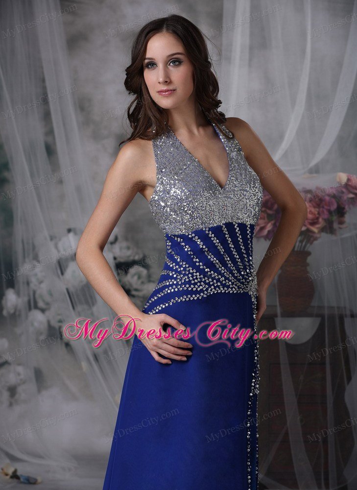 High Slit Halter Beaded Ankle Length Blue Prom Dresses for Ladies