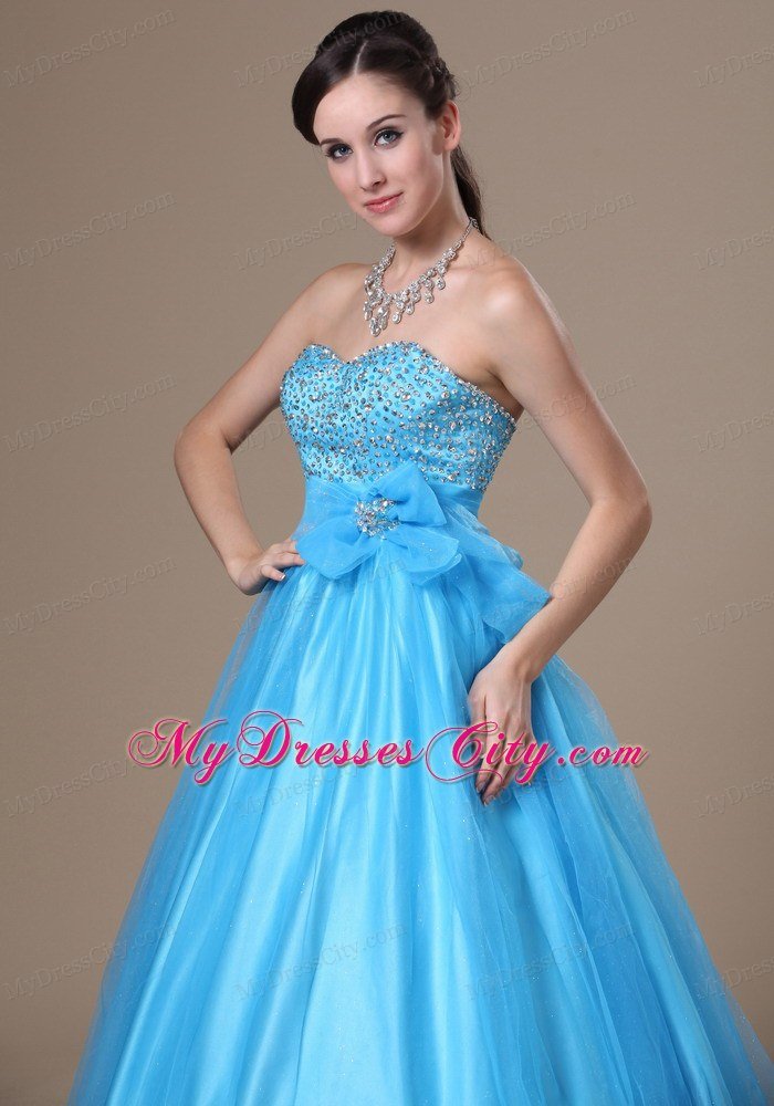 Beaded Strapless A-line Aqua Blue Prom Gowns with Brooch Bowknot