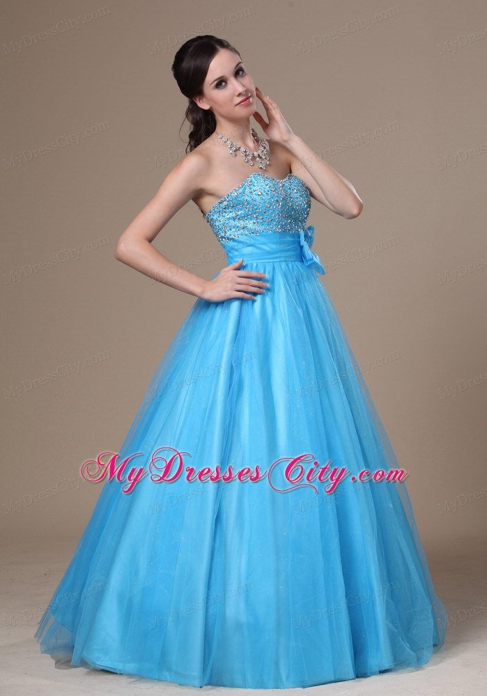 Beaded Strapless A-line Aqua Blue Prom Gowns with Brooch Bowknot