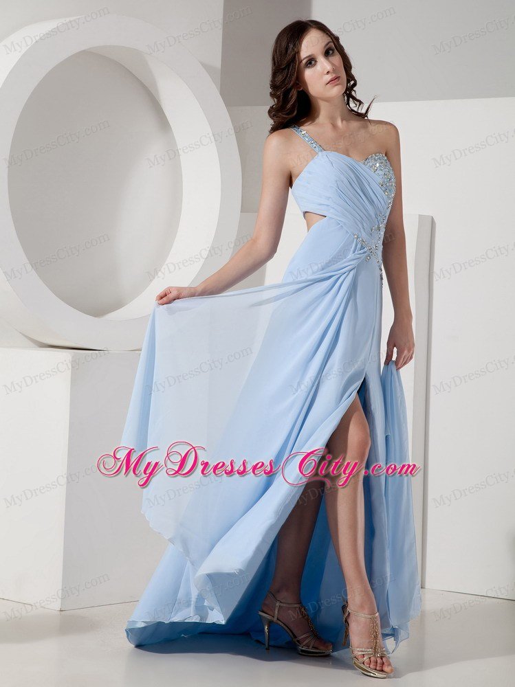 High Slit Beaded One Shoulder Ruching Prom Dress with Side Cut Out