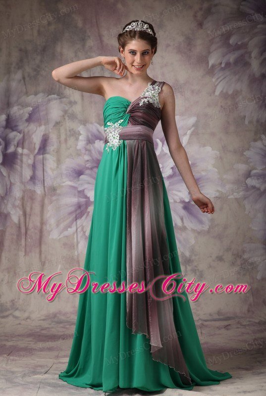 Pretty Appliques With Beading One Shoulder Ruching Chiffon Prom Dresses