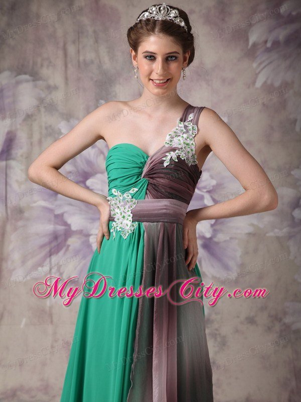 Pretty Appliques With Beading One Shoulder Ruching Chiffon Prom Dresses