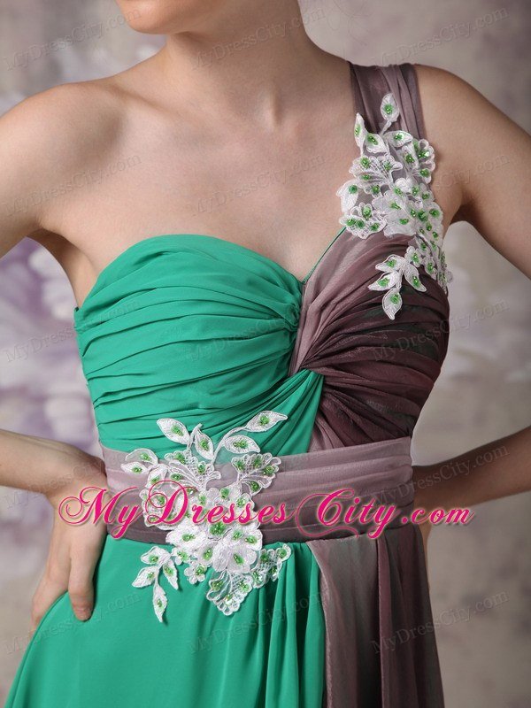 Pretty Appliques With Beading One Shoulder Ruching Chiffon Prom Dresses