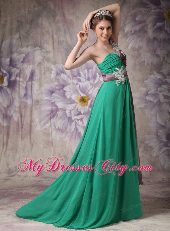 Pretty Appliques With Beading One Shoulder Ruching Chiffon Prom Dresses