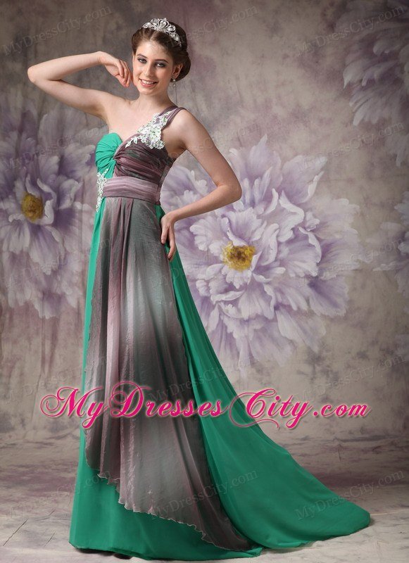 Pretty Appliques With Beading One Shoulder Ruching Chiffon Prom Dresses