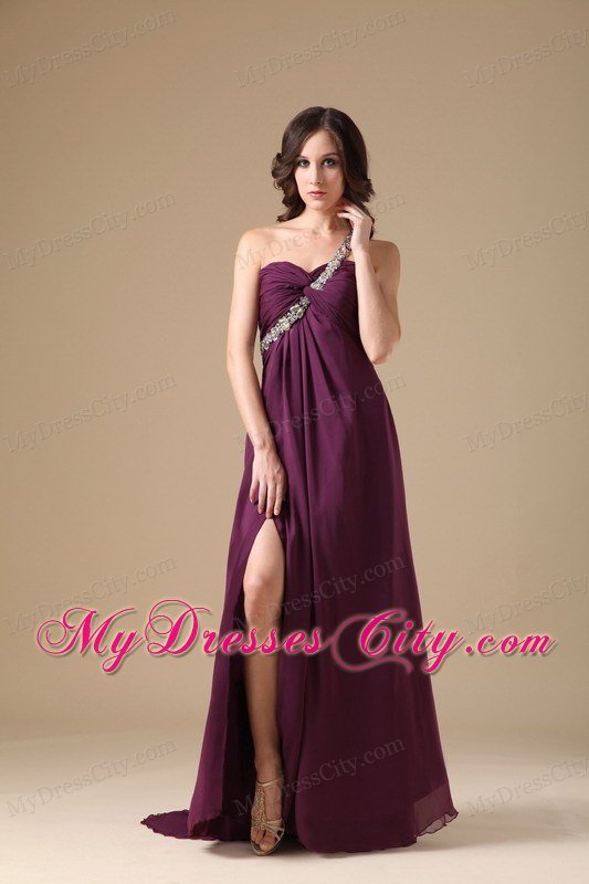 High Slit One Shoulder Beaded Dark Purple Prom Dresses with Cool Back