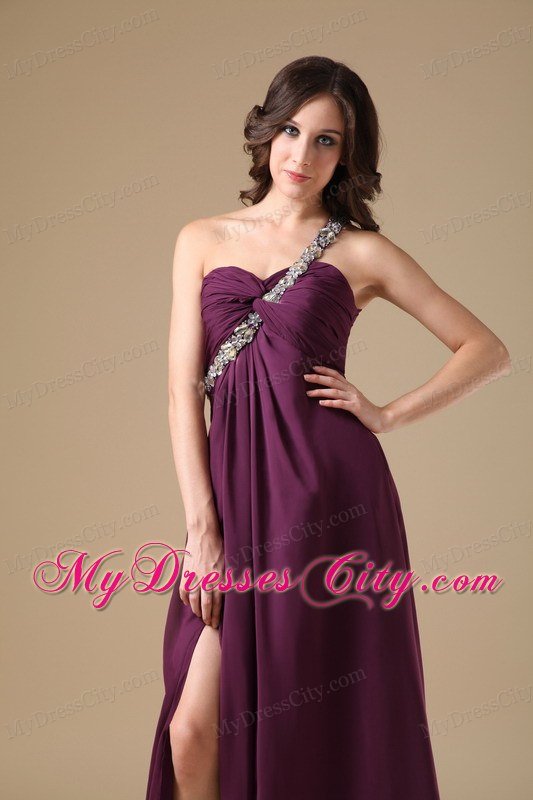 High Slit One Shoulder Beaded Dark Purple Prom Dresses with Cool Back