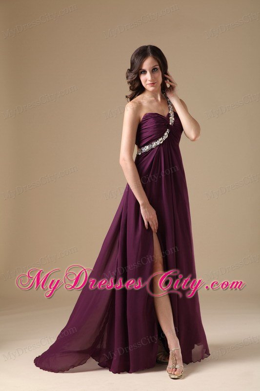 High Slit One Shoulder Beaded Dark Purple Prom Dresses with Cool Back