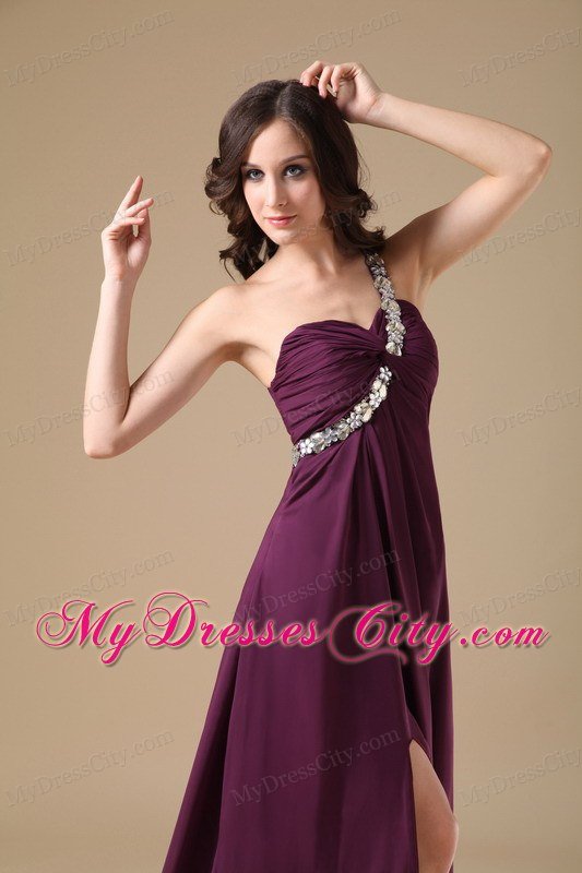 High Slit One Shoulder Beaded Dark Purple Prom Dresses with Cool Back