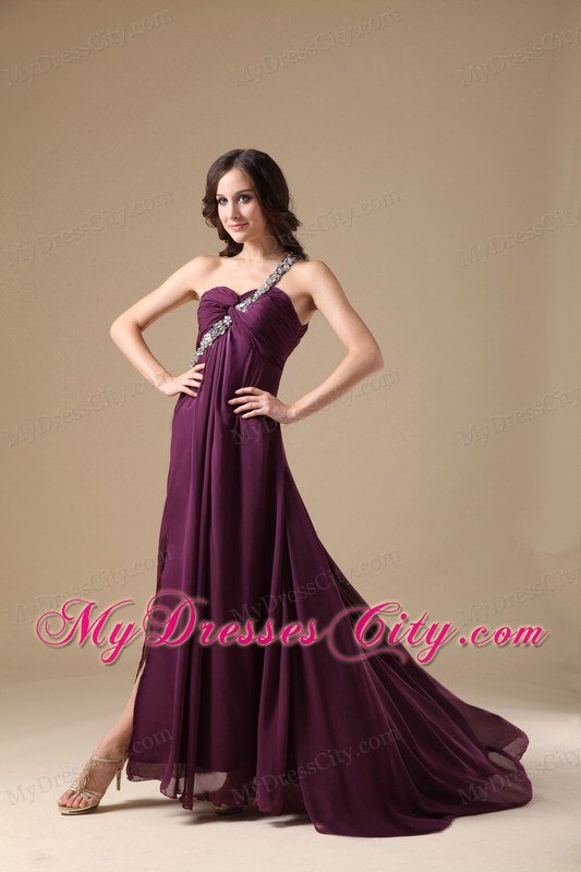 High Slit One Shoulder Beaded Dark Purple Prom Dresses with Cool Back