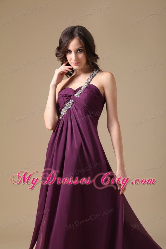 High Slit One Shoulder Beaded Dark Purple Prom Dresses with Cool Back