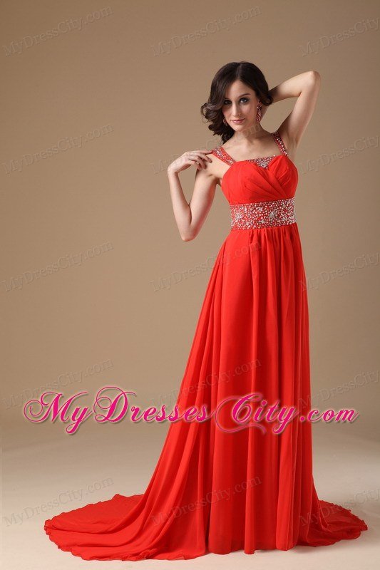 Straps Beaded Ruching Court Train Chiffon Red Prom Evening Dress