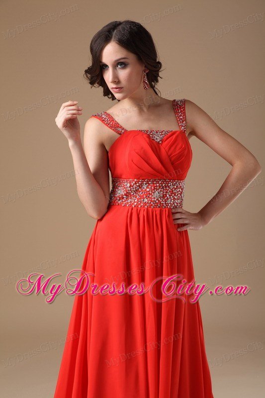 Straps Beaded Ruching Court Train Chiffon Red Prom Evening Dress