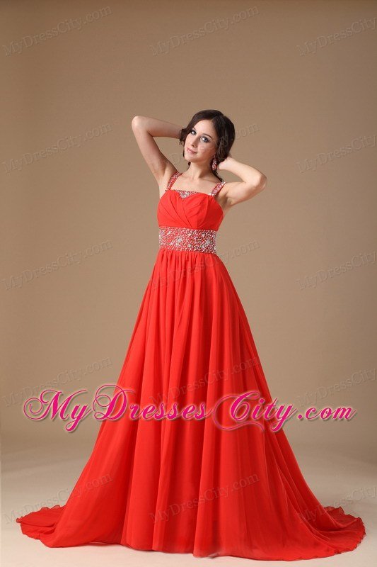 Straps Beaded Ruching Court Train Chiffon Red Prom Evening Dress