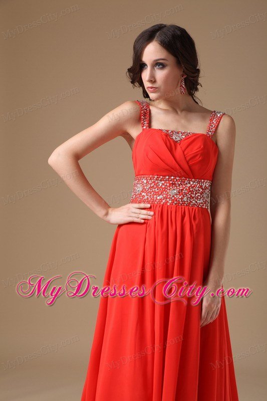 Straps Beaded Ruching Court Train Chiffon Red Prom Evening Dress