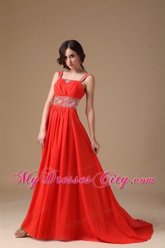 Straps Beaded Ruching Court Train Chiffon Red Prom Evening Dress