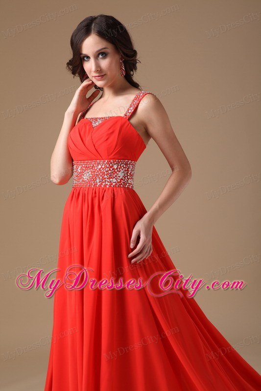 Straps Beaded Ruching Court Train Chiffon Red Prom Evening Dress