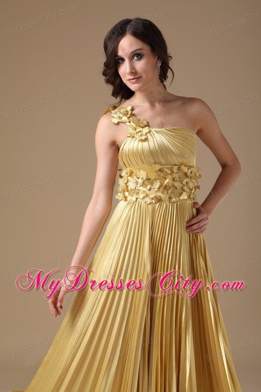 Flowers Empire One Shoulder Pleats Maize Prom Dresses for Women